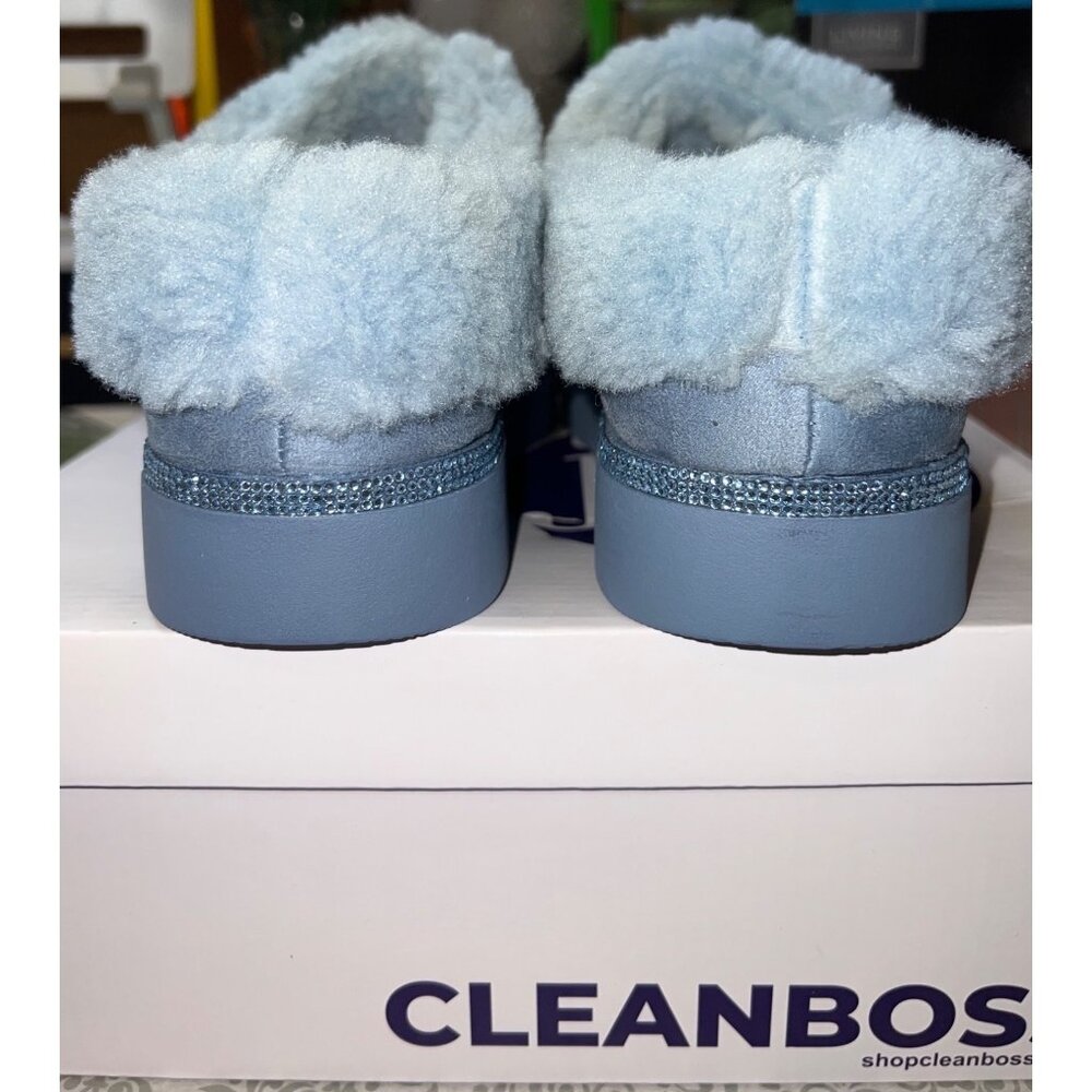 Womens Mist Blue Faux Fur-Lined Slip-On Slippers Joy Luxe 9W - Picture 4 of 5
